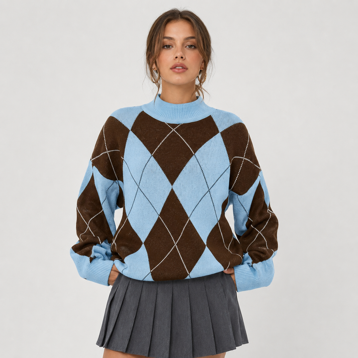Women's Argyle Sweater, High Neck Color Block Knit Pullover