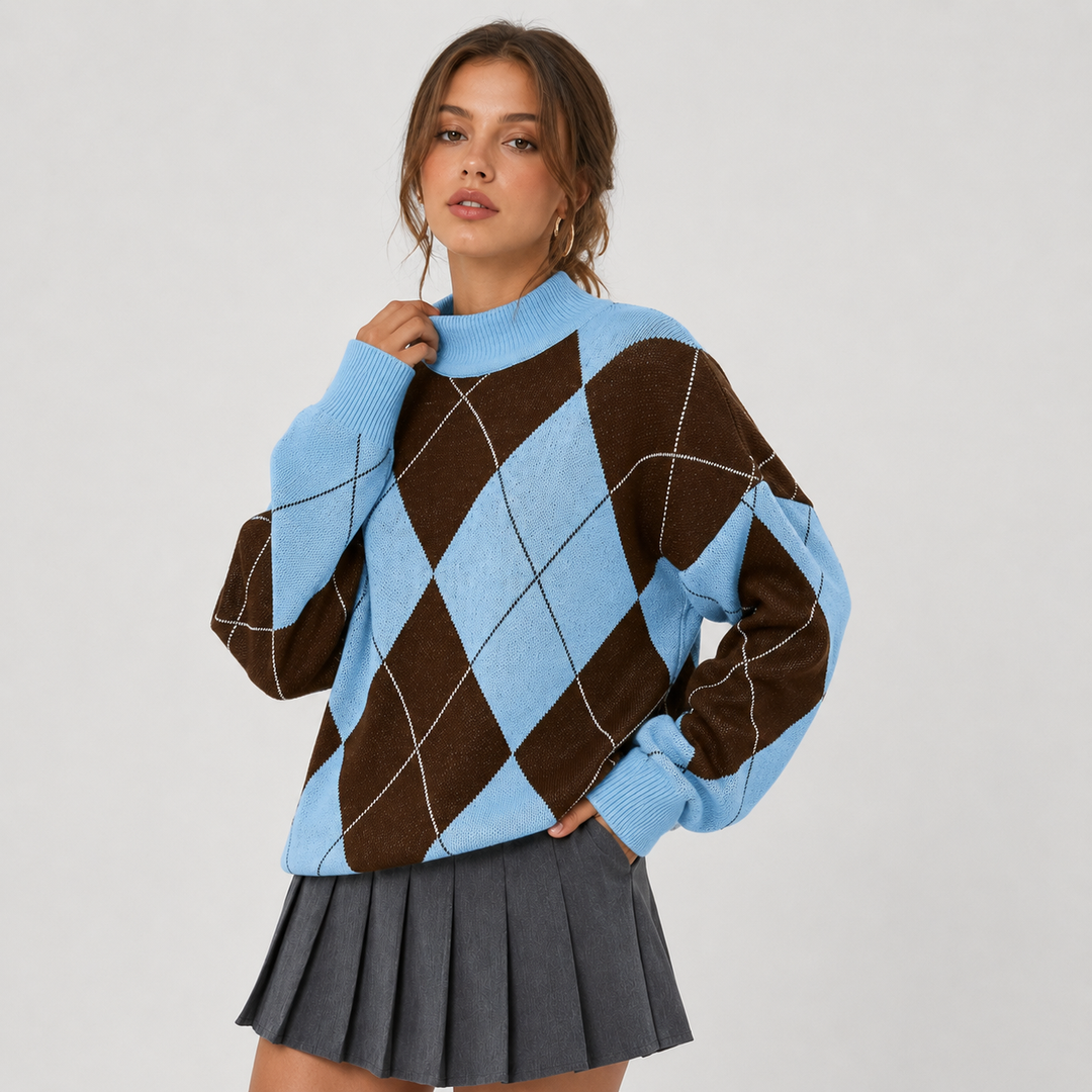 Women's Argyle Sweater, High Neck Color Block Knit Pullover