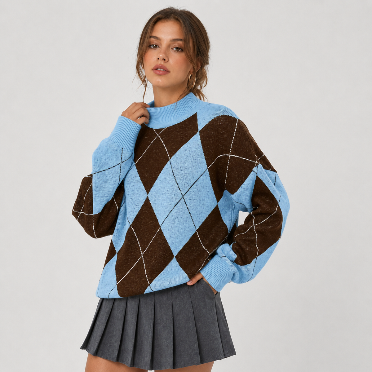 Women's High Neck Color Block Argyle Sweater, view 2