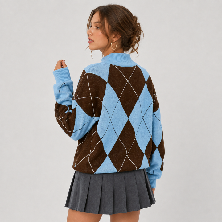 Women's Argyle Sweater, High Neck Color Block Knit Pullover