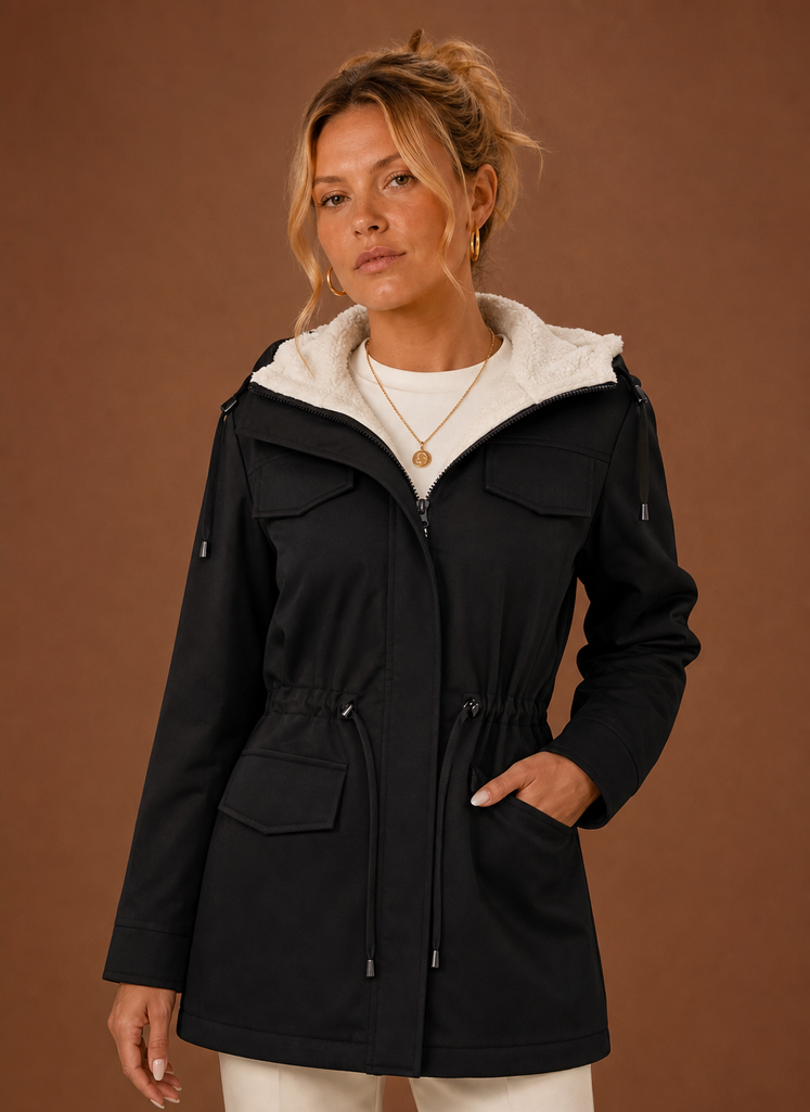Women's Long Fleece-Lined Hooded Winter Parka in Black