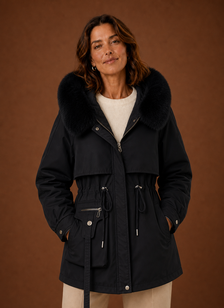 Women's Mid-Length Parka with Faux Fur Trimmed Hood in Black