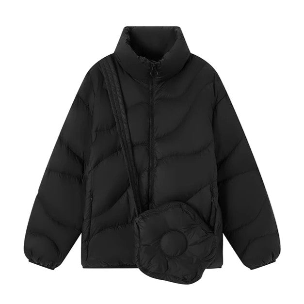 Women's Packable Lightweight Puffer Jacket with Classic Collar in Black