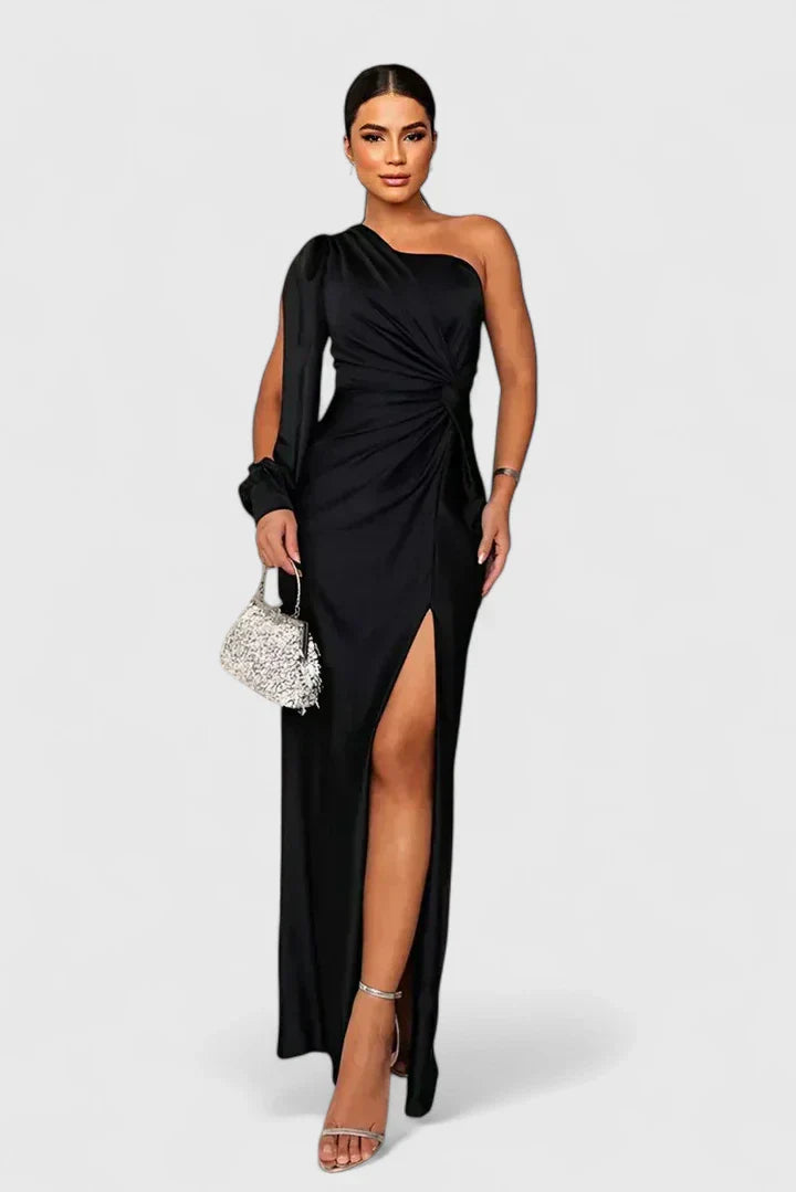 Women's One-Shoulder Maxi Gown with Open Sleeve and Slit in Black