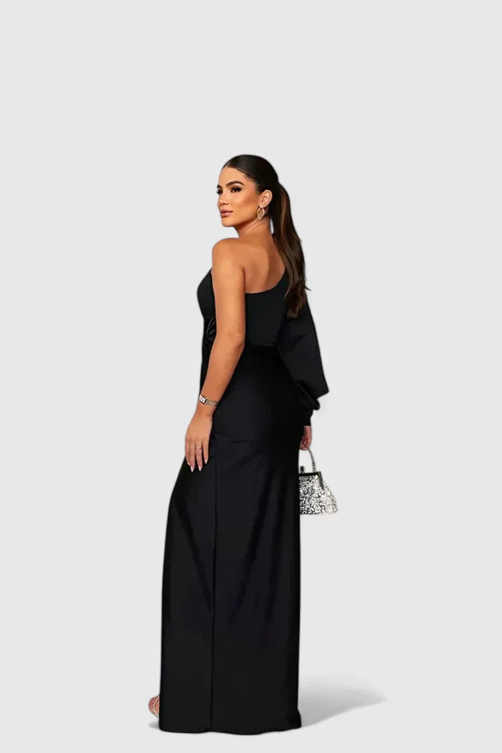 Women's One-Shoulder Maxi Gown with Open Sleeve and Slit, view 4