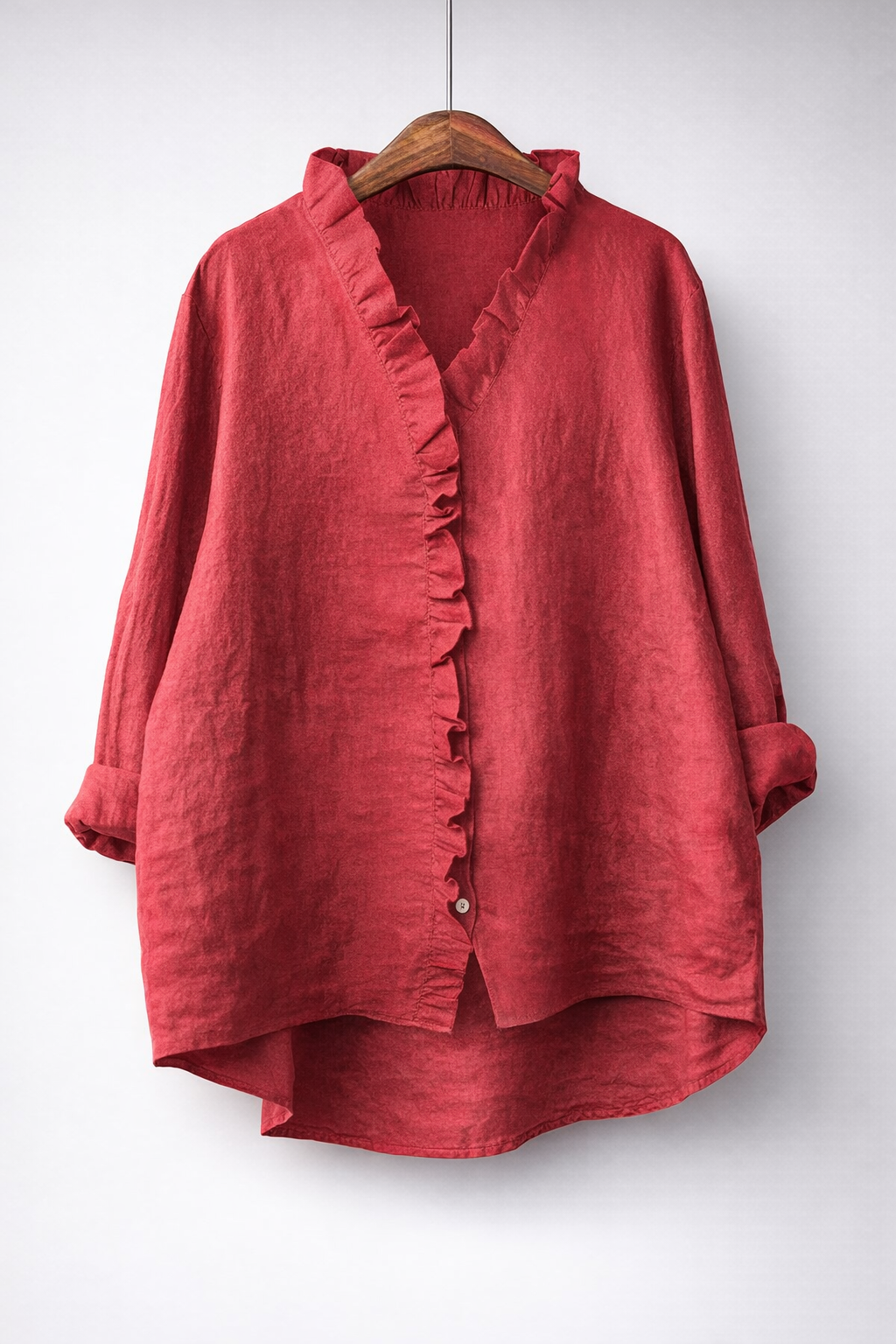 Women's Cotton-Linen Ruffled V-Neck Shirt with Hi-Low Hem in Red
