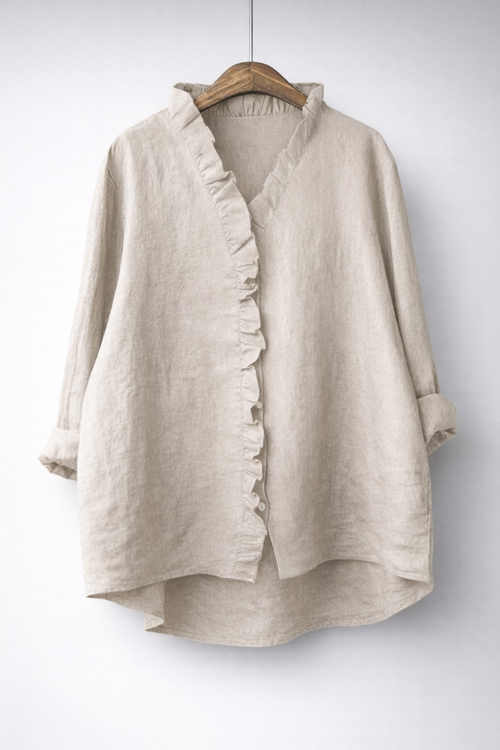 Women's Cotton-Linen Ruffled V-Neck Shirt with Hi-Low Hem in Beige