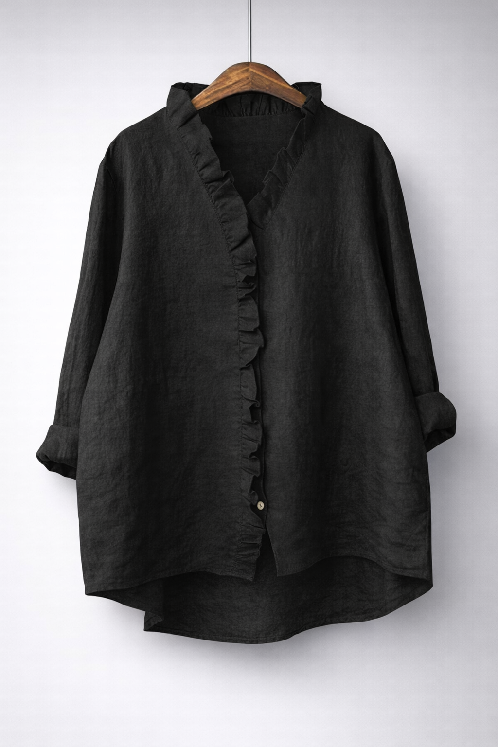 Women's Cotton-Linen Ruffled V-Neck Shirt with Hi-Low Hem in Black