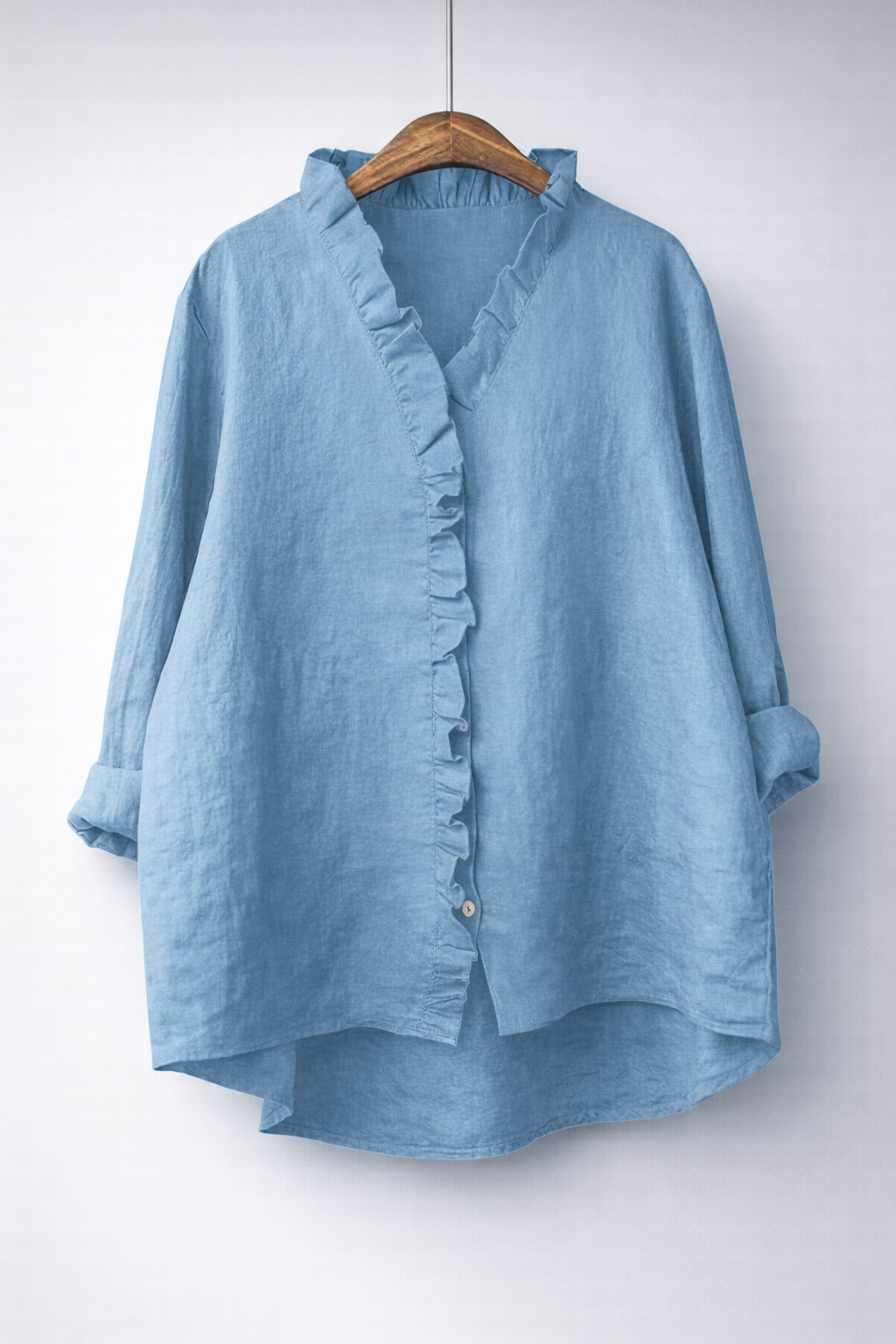 Women's Cotton-Linen Ruffled V-Neck Shirt with Hi-Low Hem in Blue