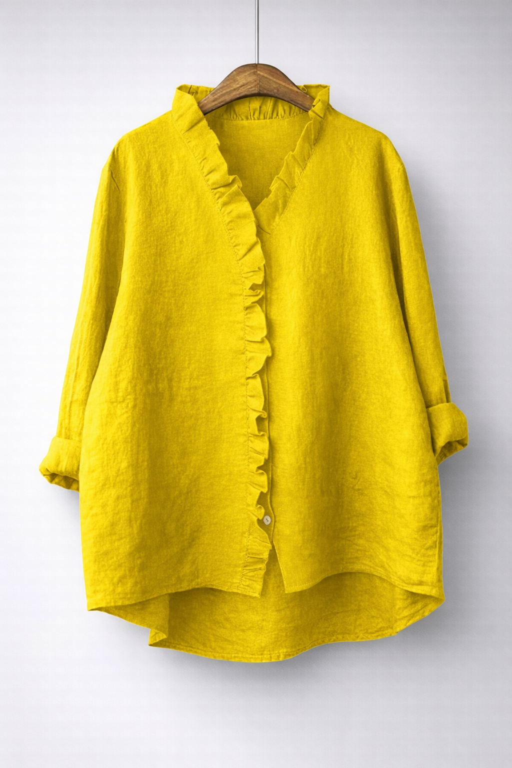 Women's Cotton-Linen Ruffled V-Neck Shirt with Hi-Low Hem in Yellow