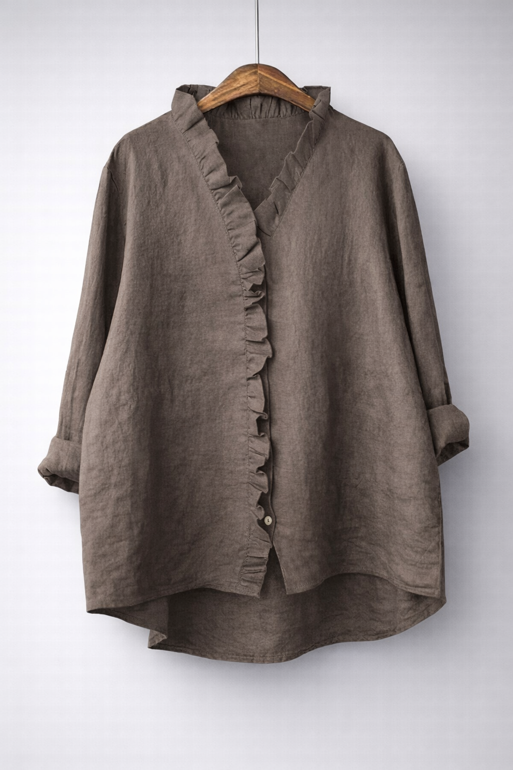 Women's Cotton-Linen Ruffled V-Neck Shirt with Hi-Low Hem in Taupe