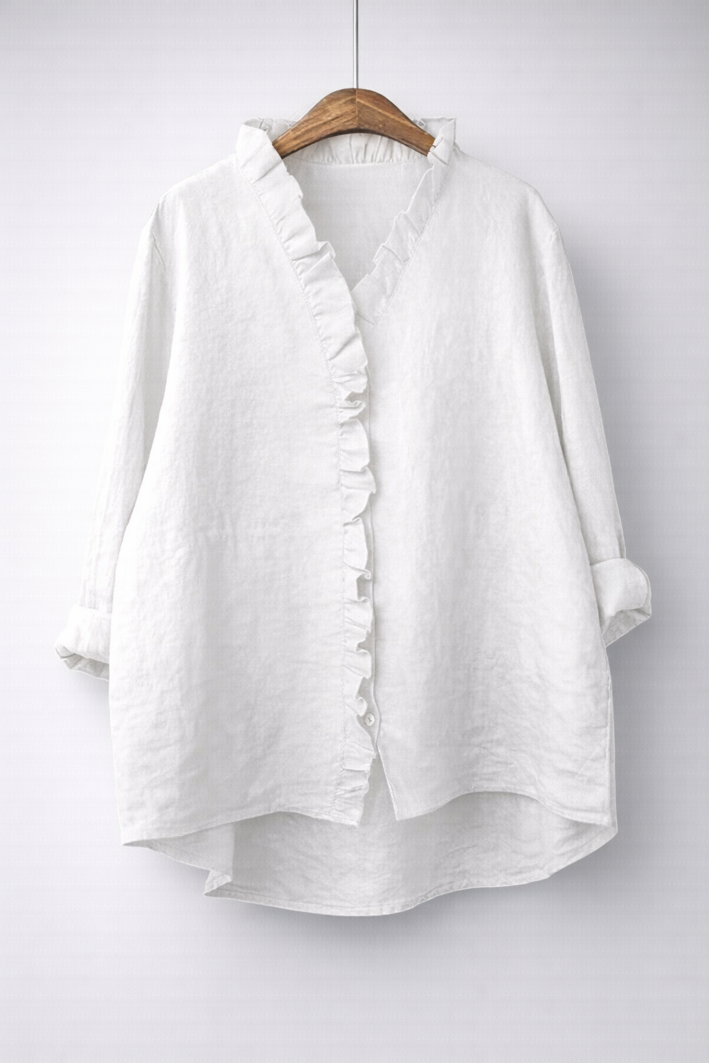 Women's Cotton-Linen Ruffled V-Neck Shirt with Hi-Low Hem in White