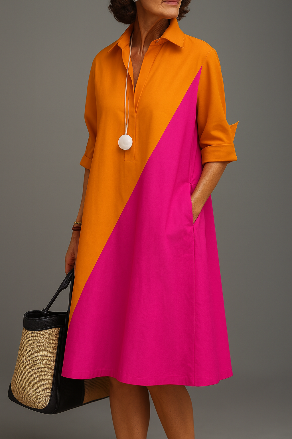 Women's Elegant Orange and Pink Midi Dress in Orange & Pink