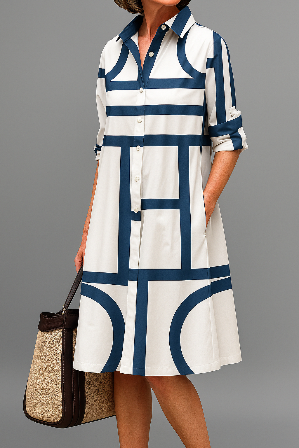 Women's White and Blue Elegant Midi Dress in White & Blue