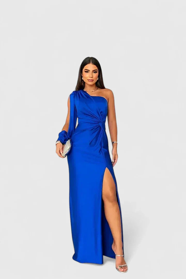 Women's One-Shoulder Maxi Gown with Open Sleeve and Slit in Blue
