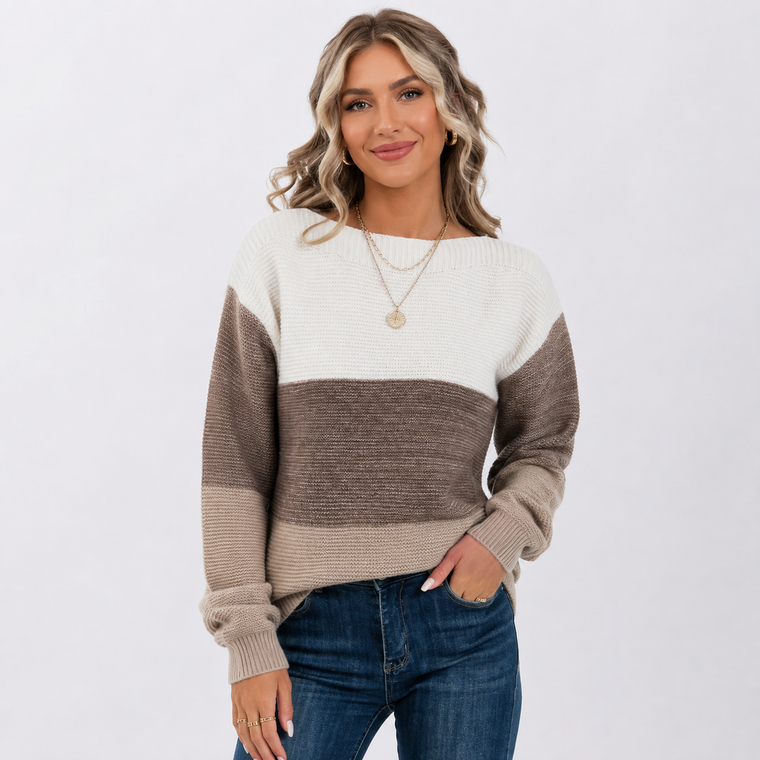 Women's Off Shoulder Sweater, Color Block Knit Pullover