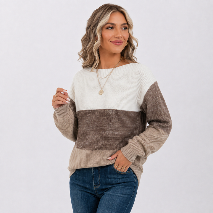 Women's Off Shoulder Sweater, Color Block Knit Pullover