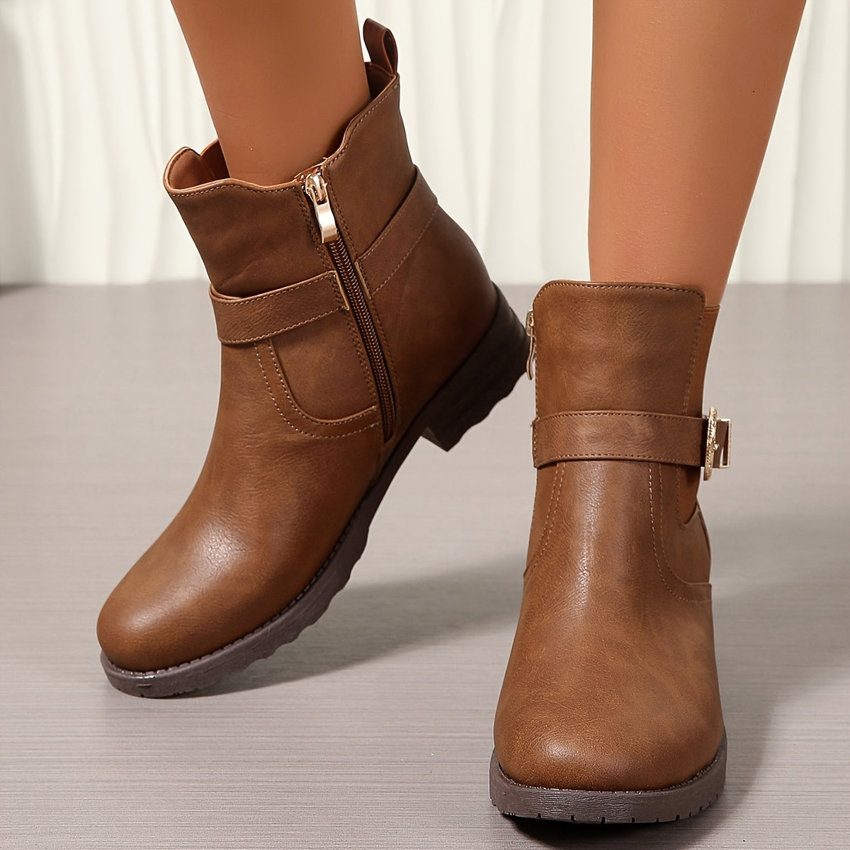 Women's Western Buckle Ankle Boots with Back Zip and Block Heel, view 6