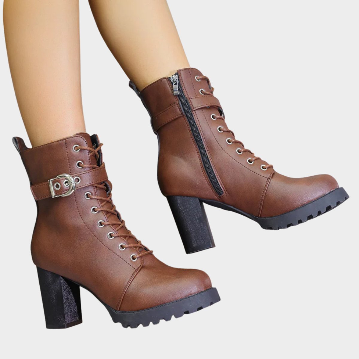 Women's Lug Sole Combat Ankle Boots with Metal Eyelets and Side Buckle, view 6