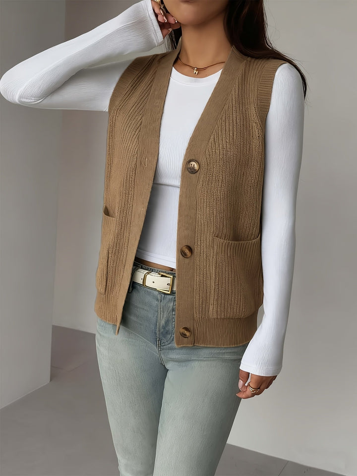 Women's Knit Vest, Button Front V Neck Sleeveless Sweater