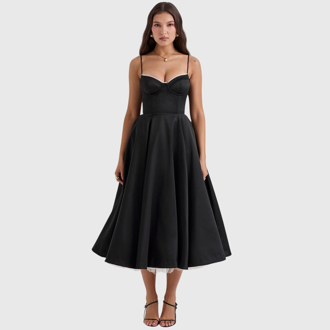 Women's Lined Maxi Dress with Pockets and Adjustable Straps in Black