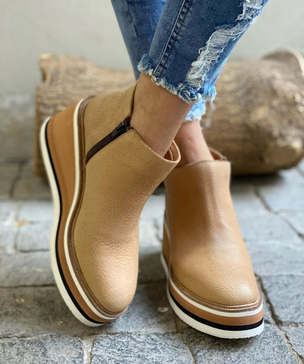 Women's Wedge Platform Zip-Up Ankle Boots with Rounded Toe in Khaki