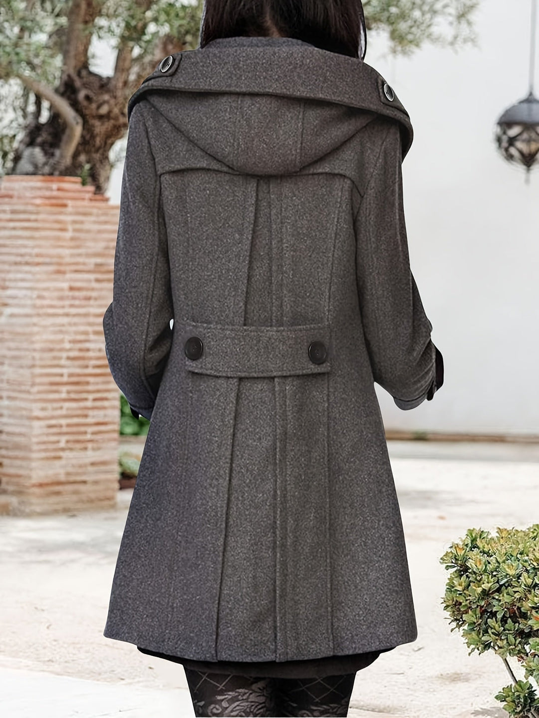 Women's Hooded Coat, Double Breasted Mid Length Winter Overcoat