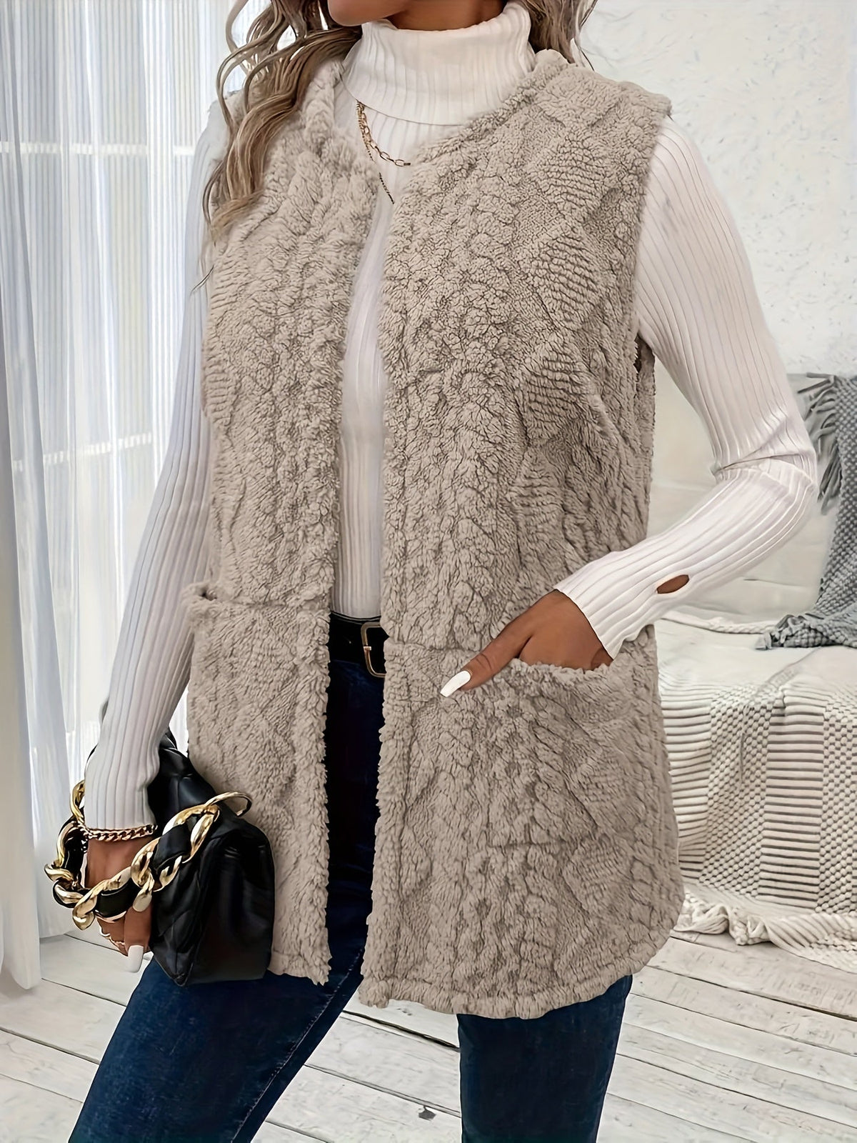 Women's Textured Knit Open-Front Sleeveless Vest, view 2