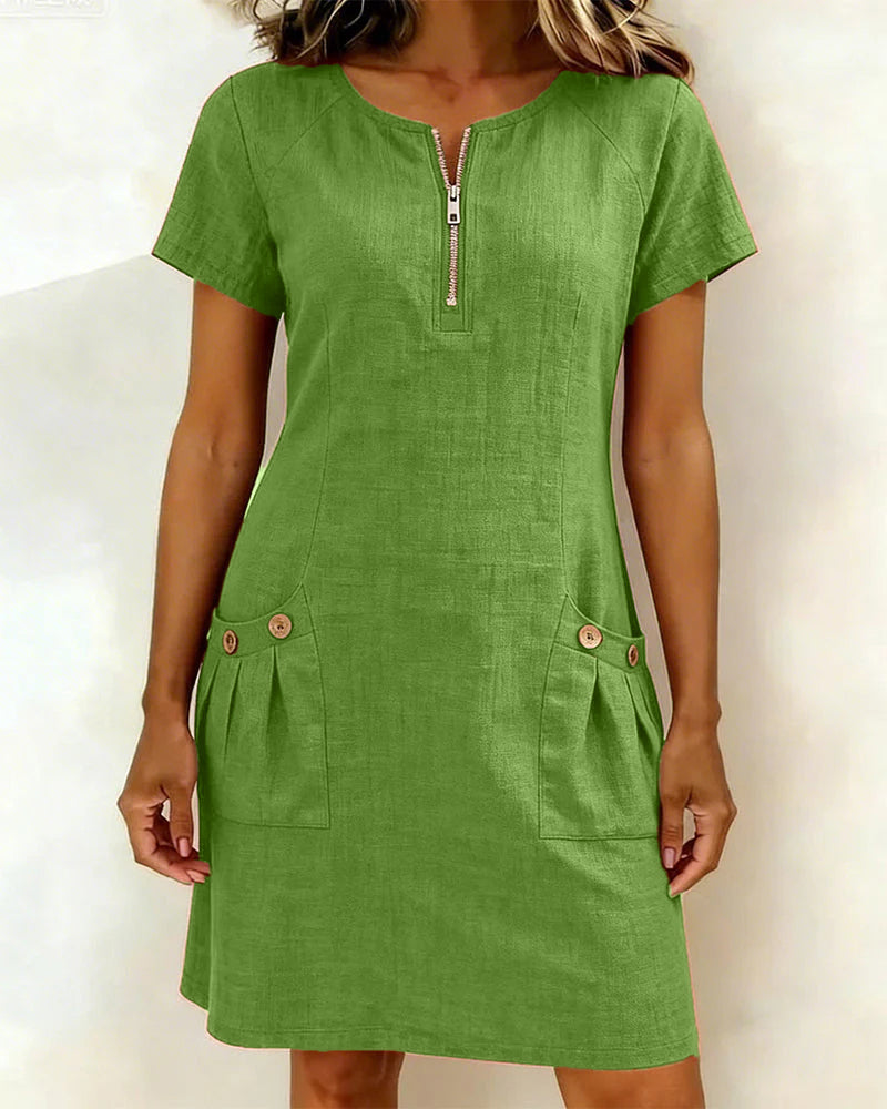 Women's Cotton Relaxed Dress with Front Zipper in Green