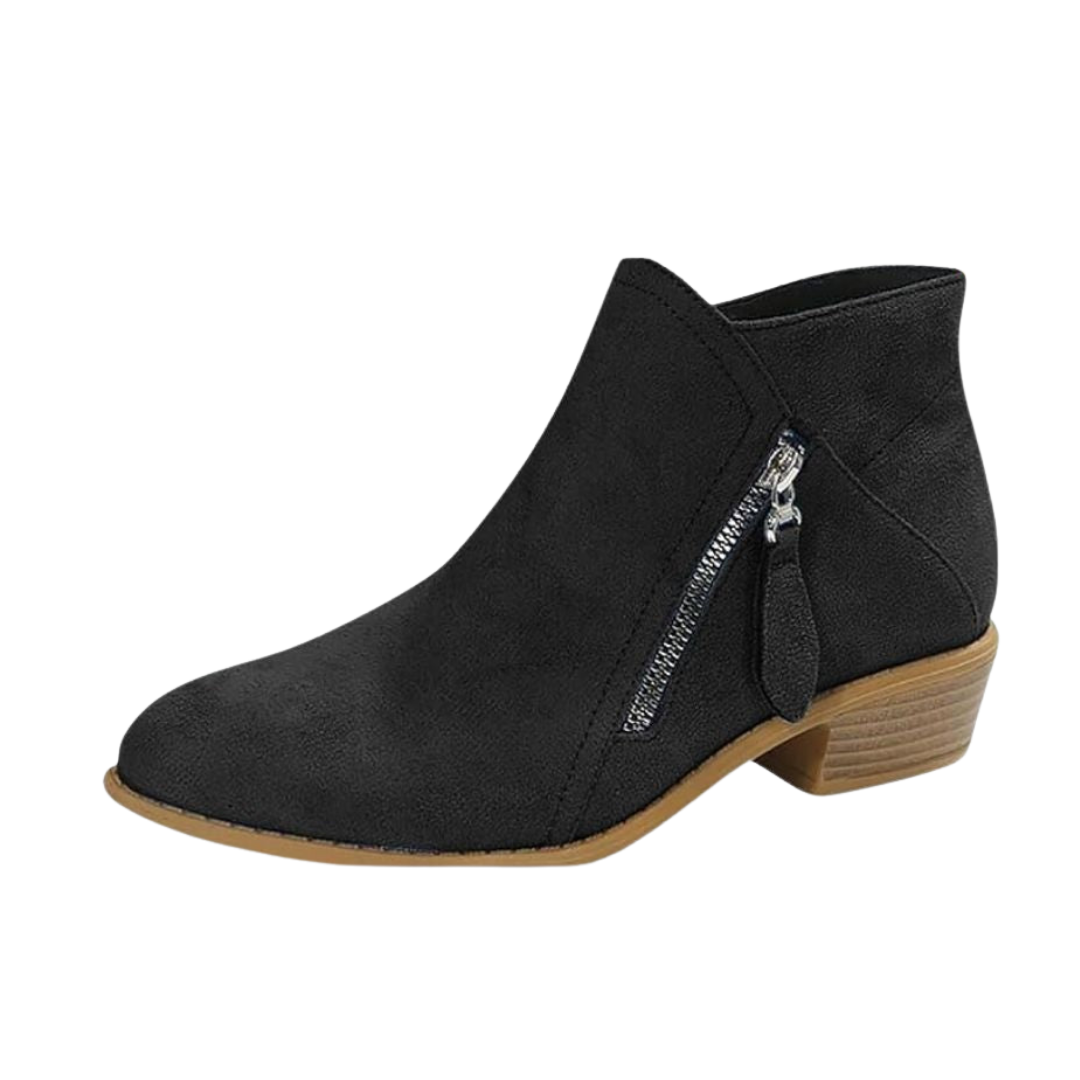 Women's Suede-Style Low Block Heel Ankle Boots with Tassel Zip Pull in Black