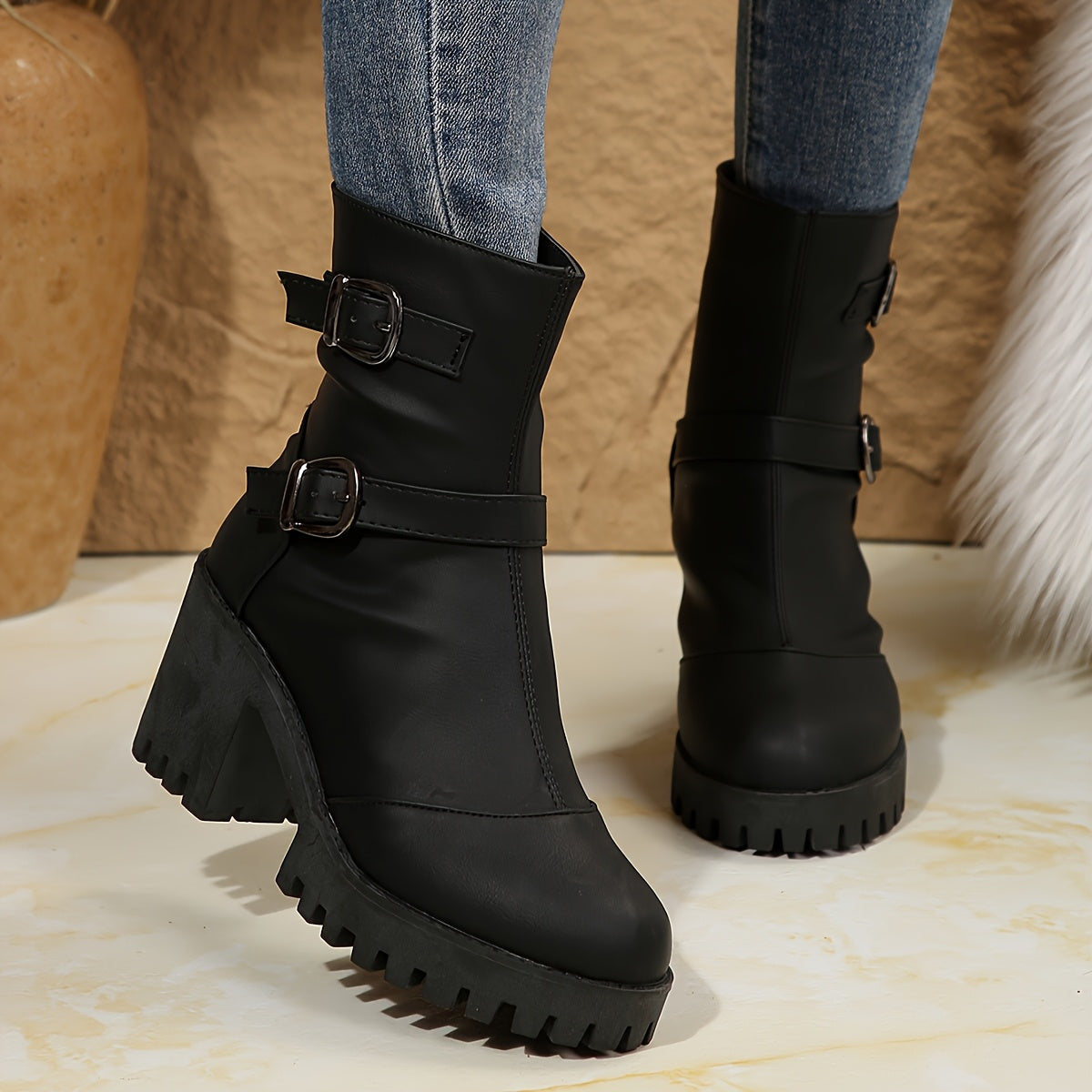 Women's Moto Double Buckle Strap Ankle Boots with Lug Sole, view 10