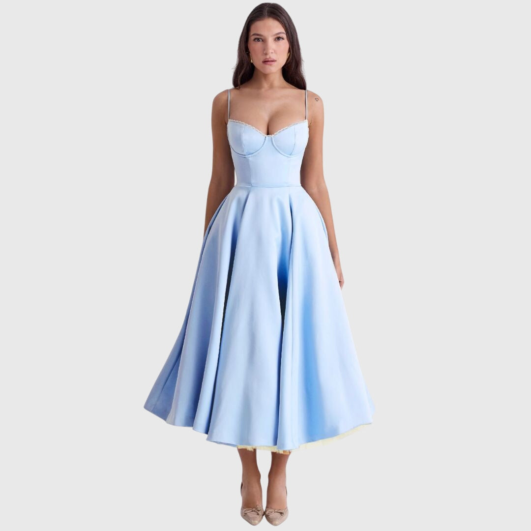 Women's Lined Maxi Dress with Pockets and Adjustable Straps in Blue