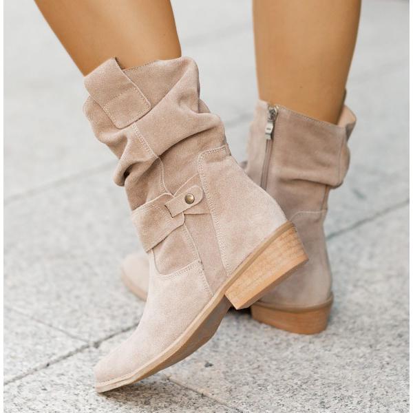 Women's Suede Fold-Over Cuff Slouch Ankle Boots with Low Block Heel in Beige