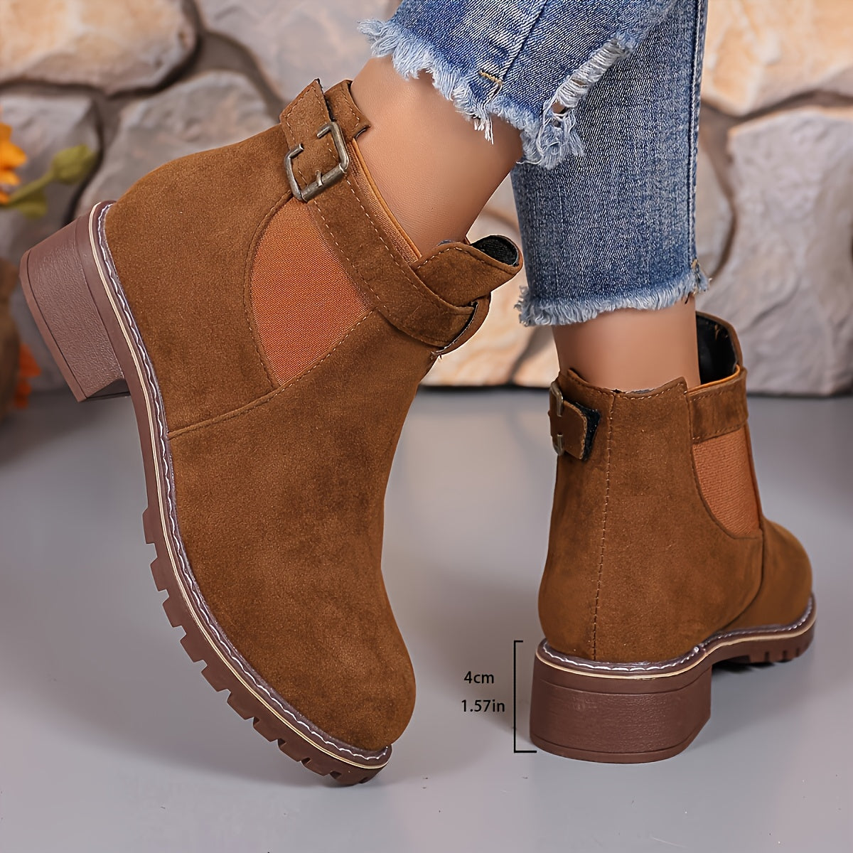 Women's Suede-Like Buckle Strap Chelsea Boots with Low Block Heel, view 10