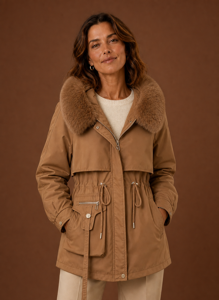 Women's Mid-Length Parka with Faux Fur Trimmed Hood in Brown