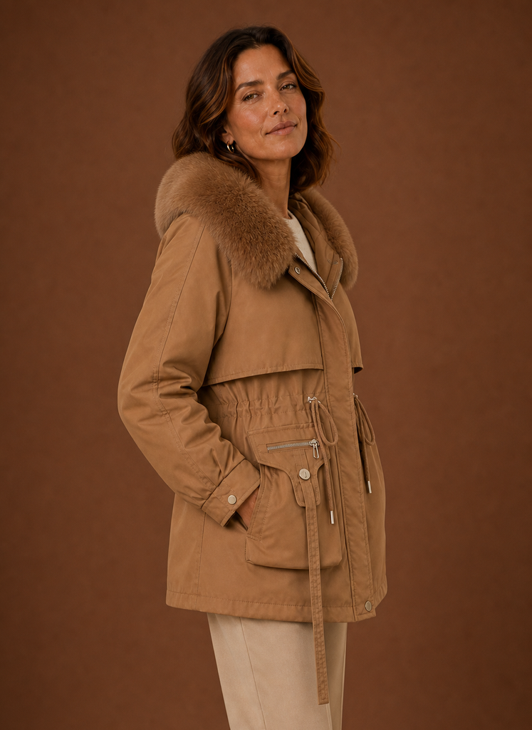 Women's Mid-Length Parka with Faux Fur Trimmed Hood, view 2