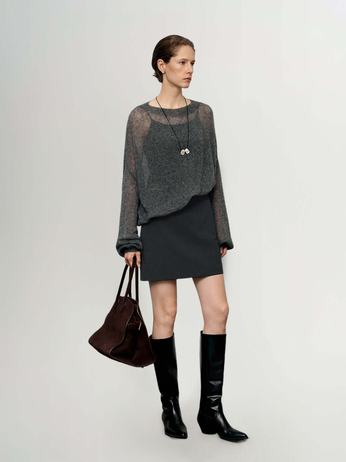 Women's Cashmere Silk Sweater — dark gray, front full length