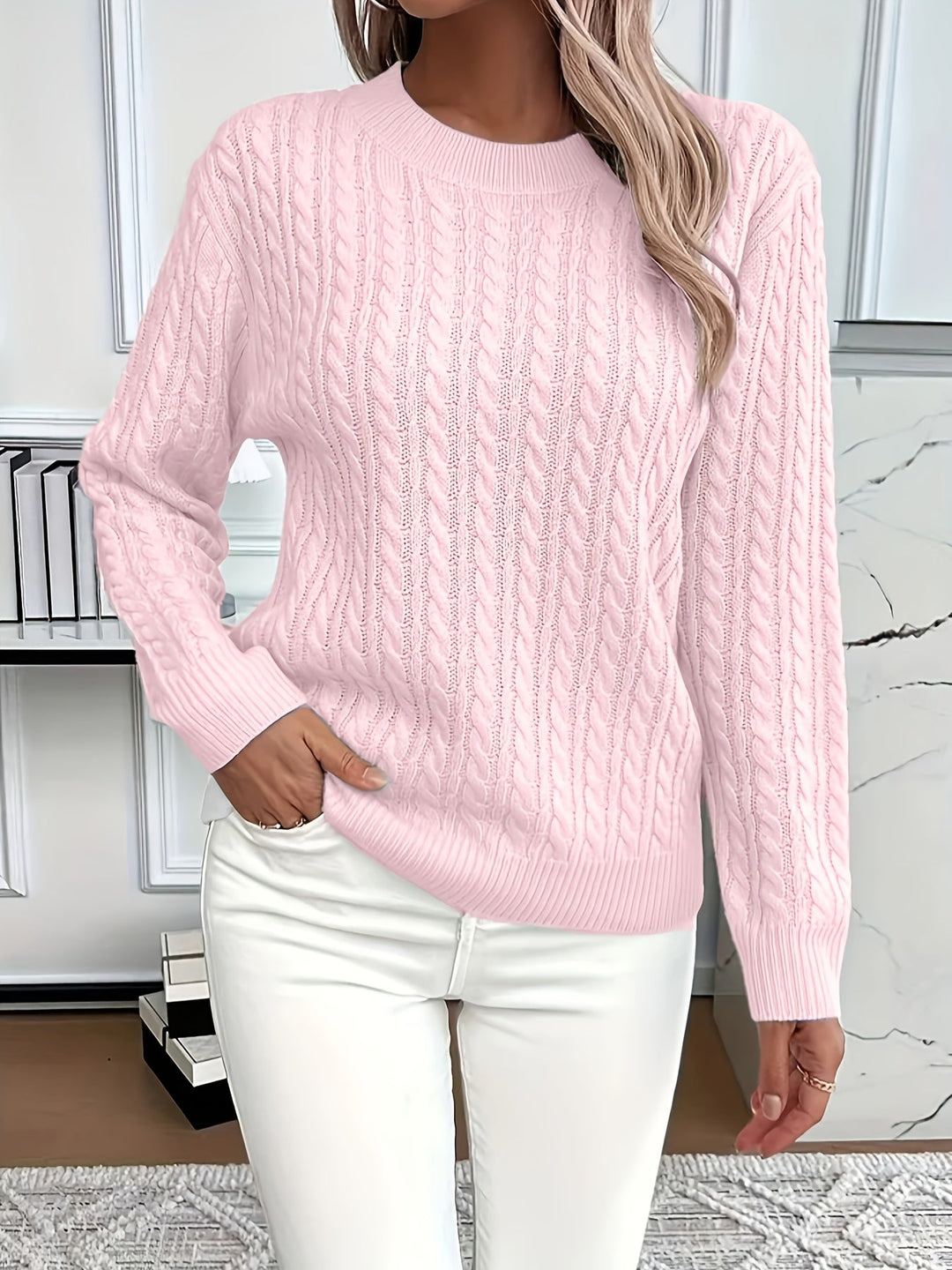 Women's Cable Knit Sweater, Ribbed Trim Crew Neck Pullover