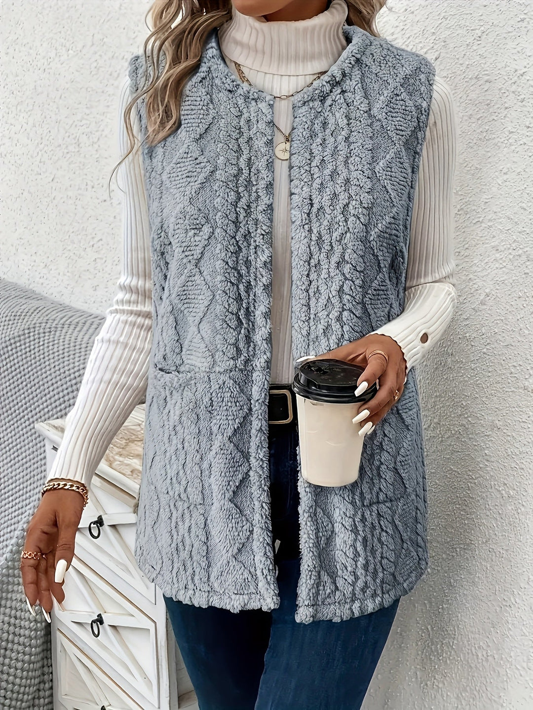 Women's Sleeveless Vest, Textured Knit Open Front Layering Top