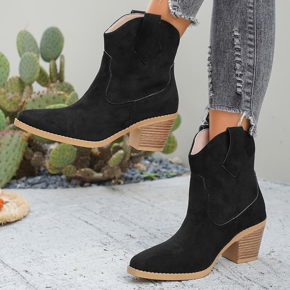 Women's Western Pointed Toe Chelsea Ankle Boots with Stacked Heel in Black