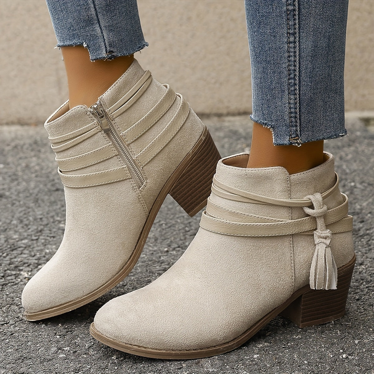 Women's Pointed Toe Tassel Wrap Ankle Boots with Block Heel