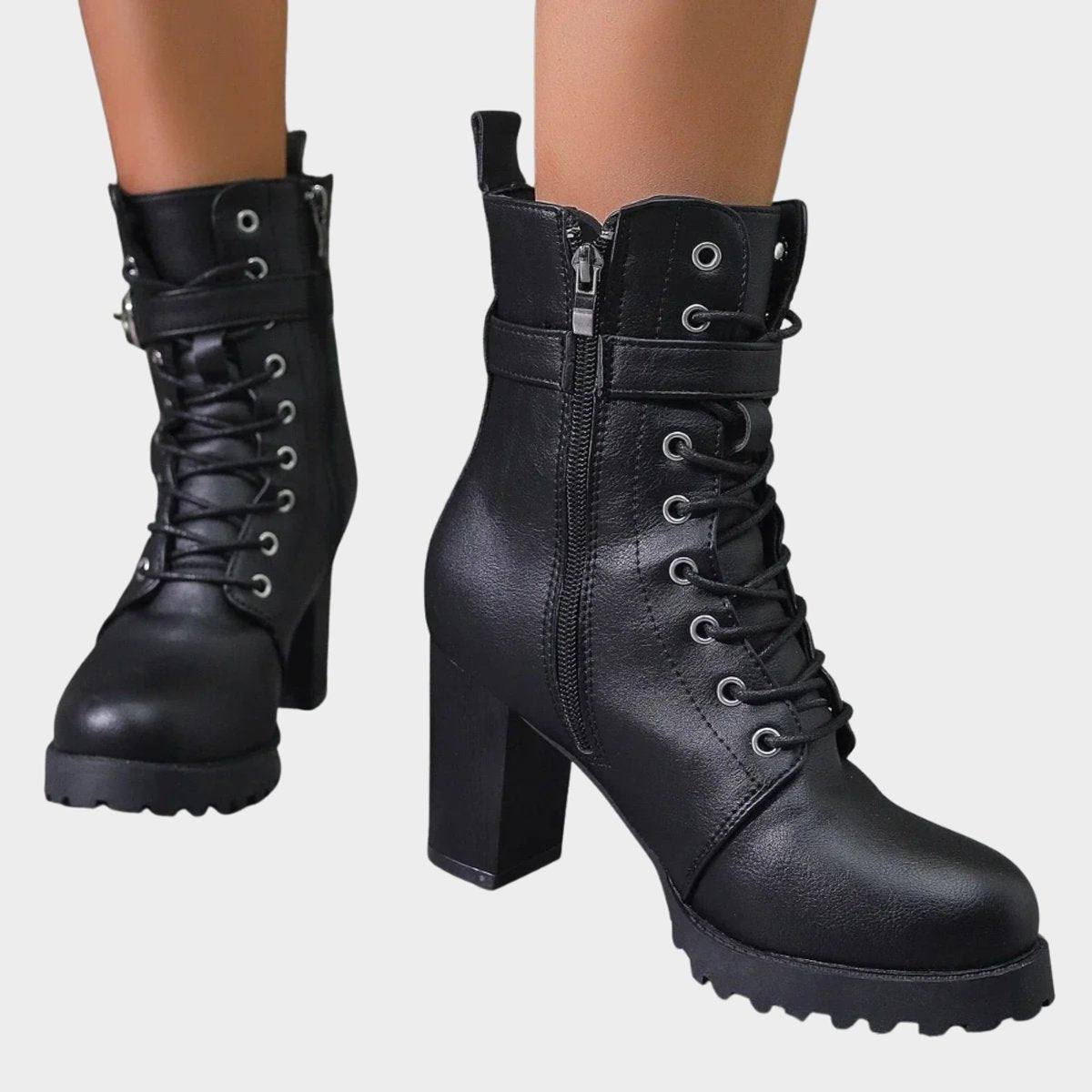 Women's Lug Sole Combat Ankle Boots with Metal Eyelets and Side Buckle in Black