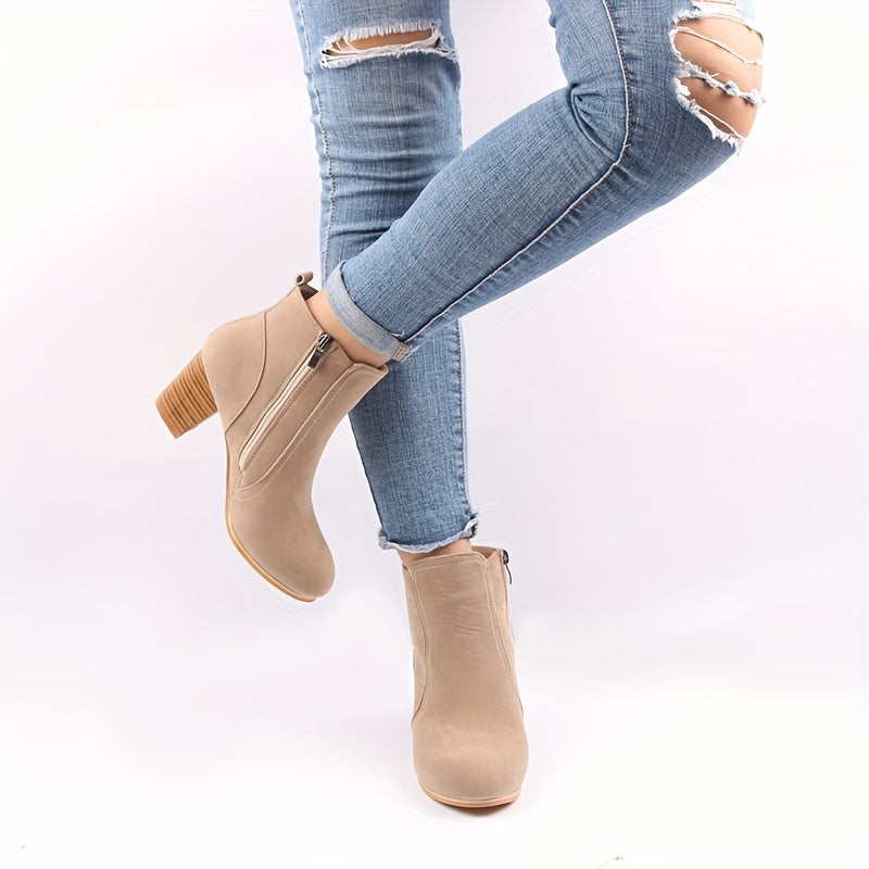 Women's Suede-Look Stacked Block Heel Side-Zip Ankle Boots, view 5