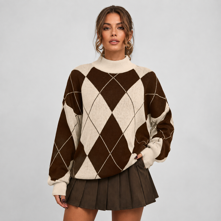 Women's Argyle Sweater, High Neck Color Block Knit Pullover