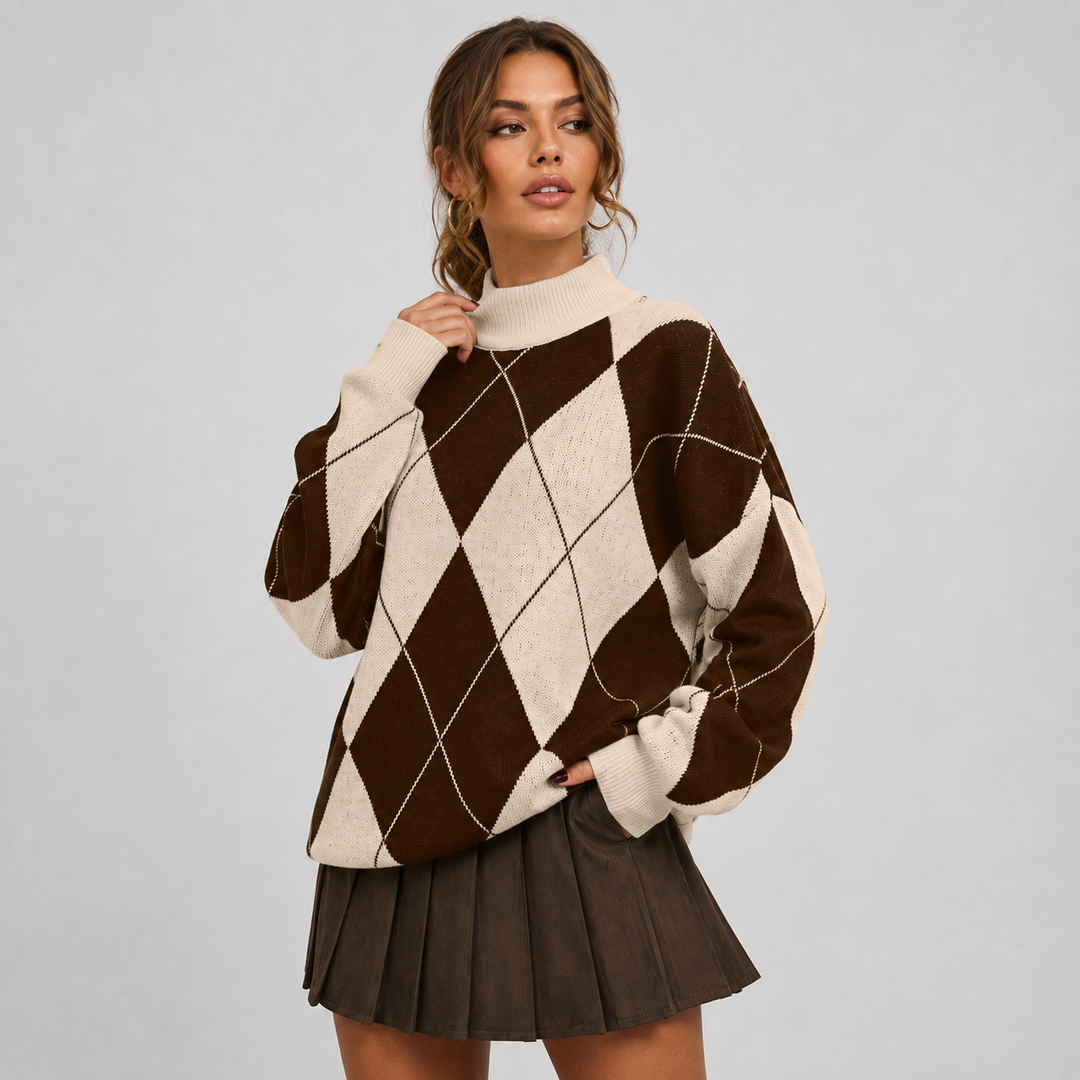 Women's Argyle Sweater, High Neck Color Block Knit Pullover