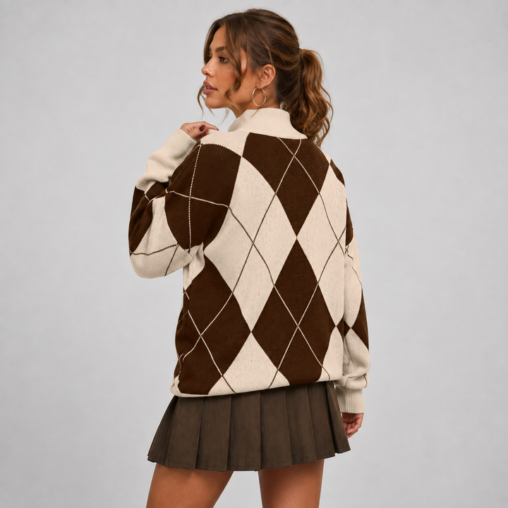 Women's Argyle Sweater, High Neck Color Block Knit Pullover