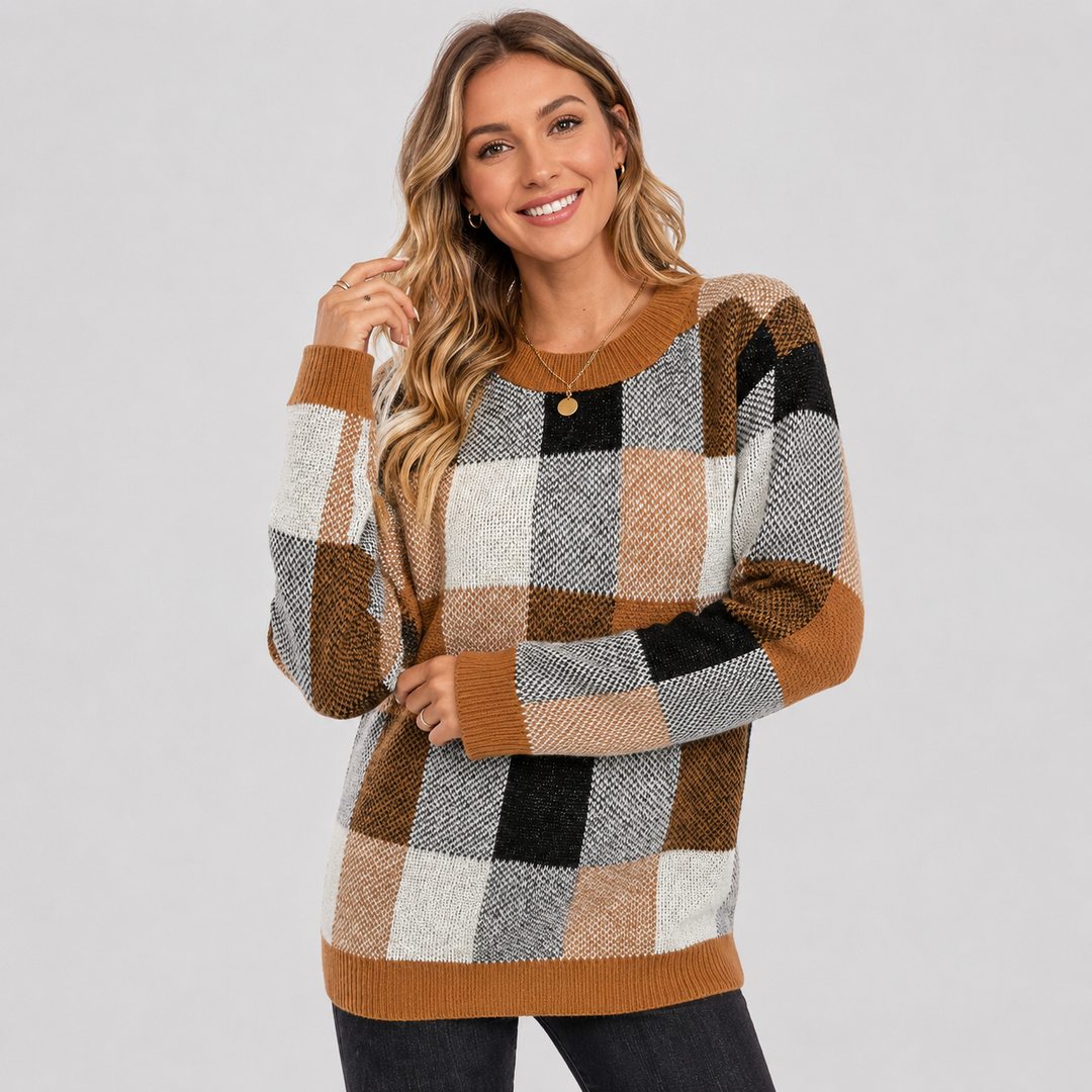 Women's Patchwork Sweater, Crew Neck Colorblock Knit Pullover