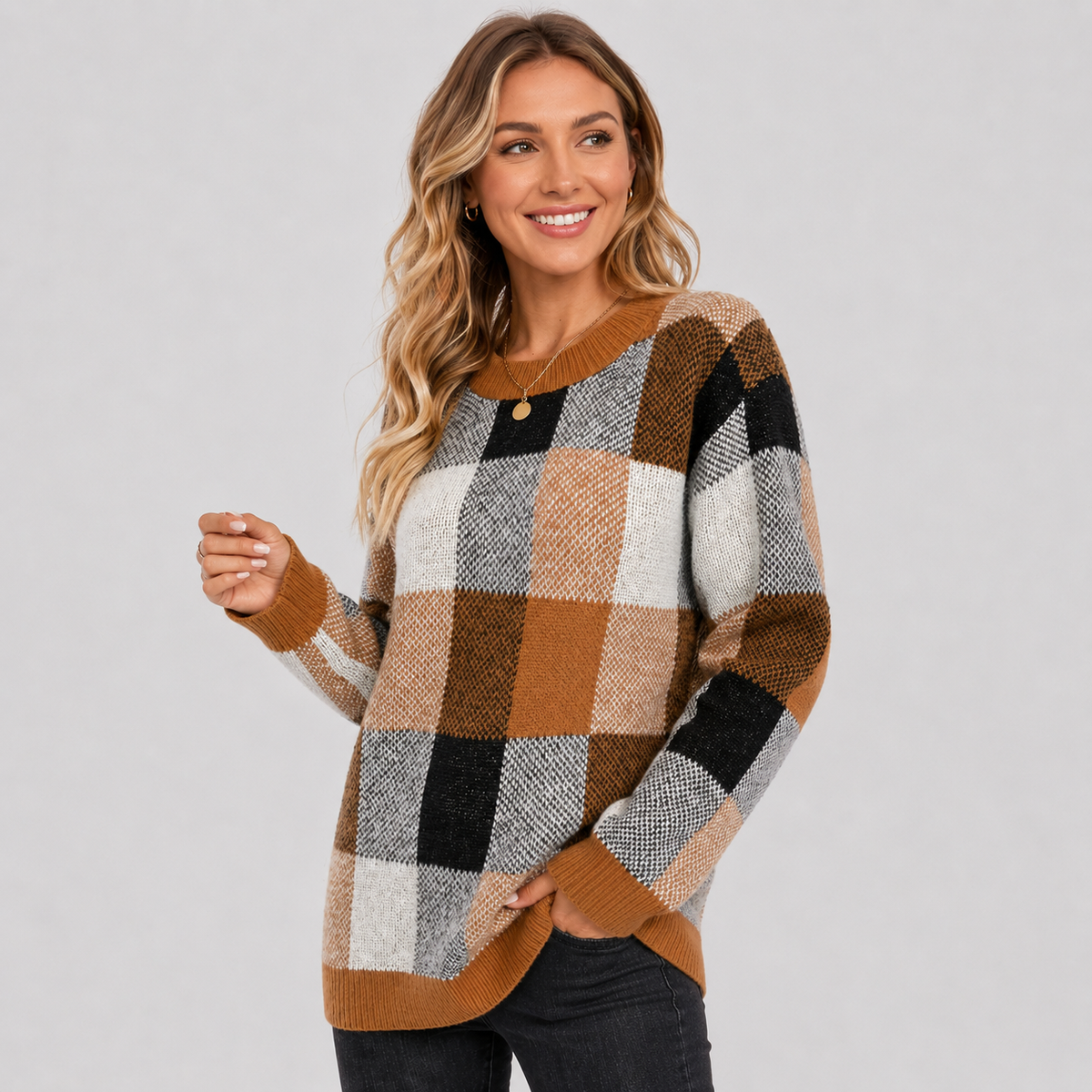 Women's Patchwork Crew Neck Knit Sweater, view 2
