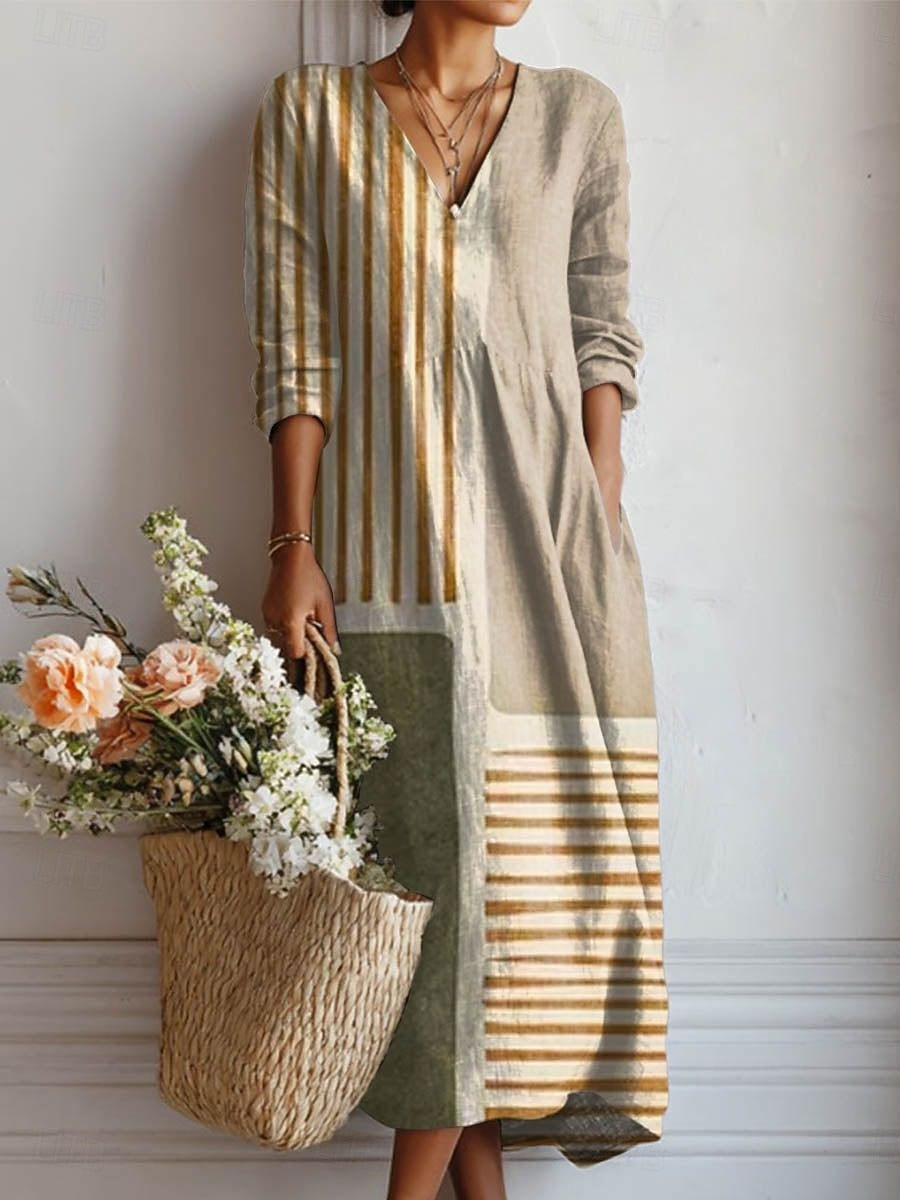 Women's Gray Loose-Fit Midi Dress with Pockets