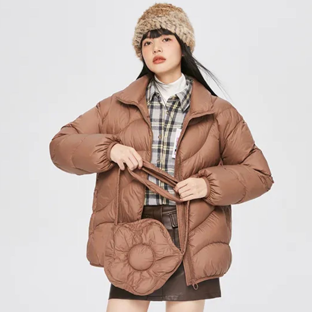 Women's Packable Lightweight Puffer Jacket with Classic Collar in Coffee